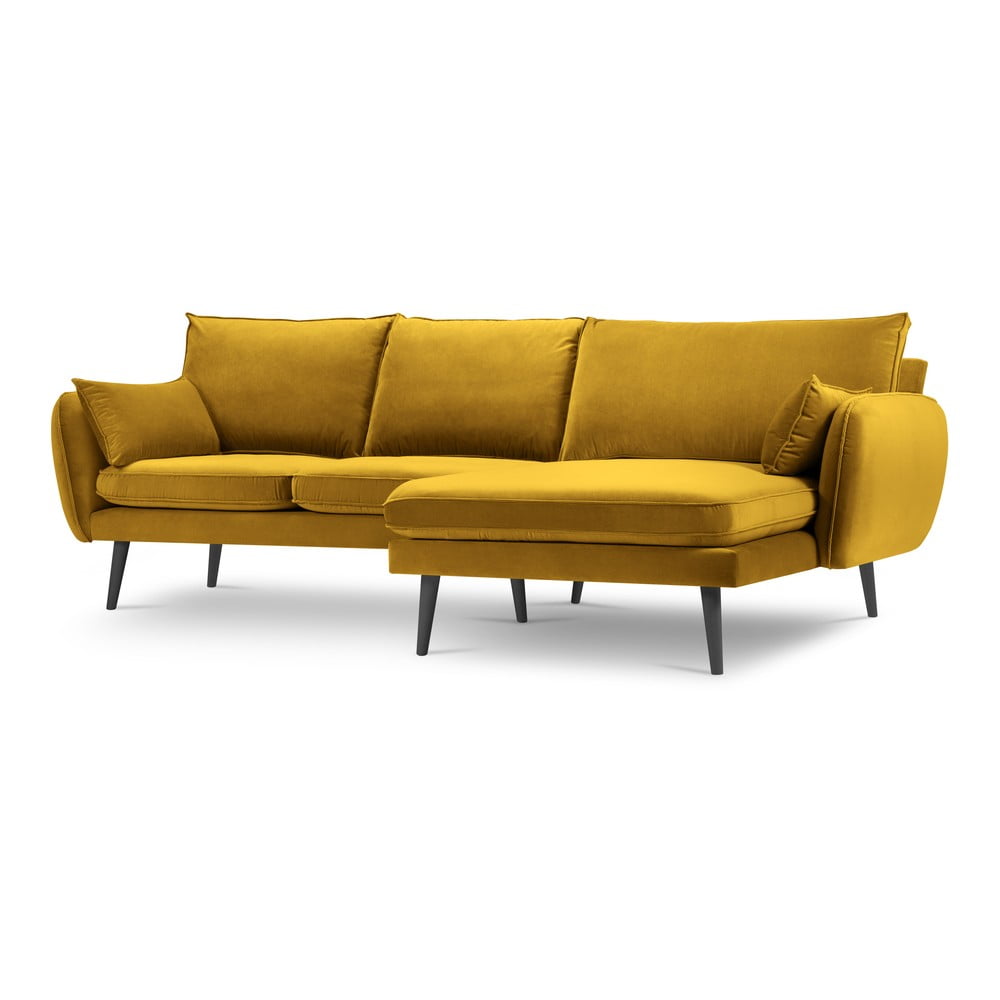 Lento sárga bársony sarokkanapé fekete lábakkal