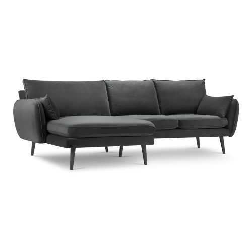 Lento sötétszürke bársony sarokkanapé fekete lábakkal