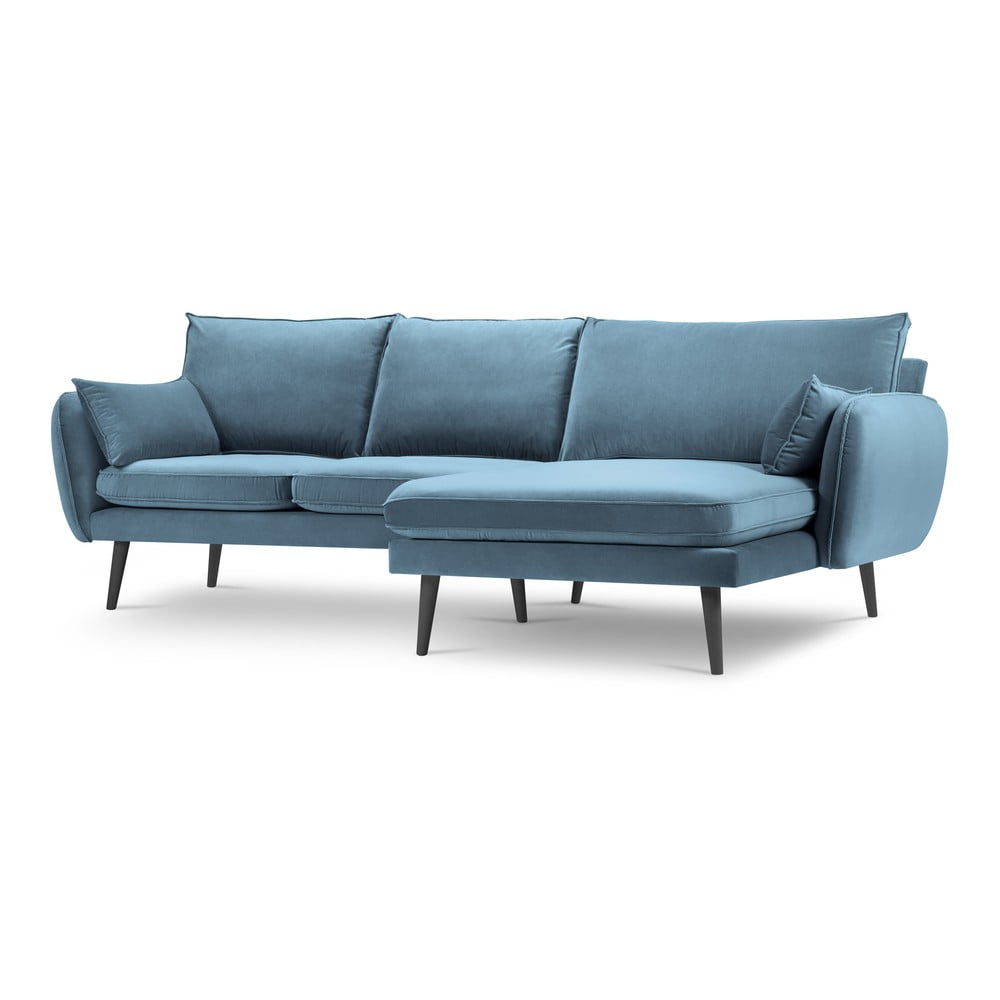 Lento világoskék bársony sarokkanapé fekete lábakkal