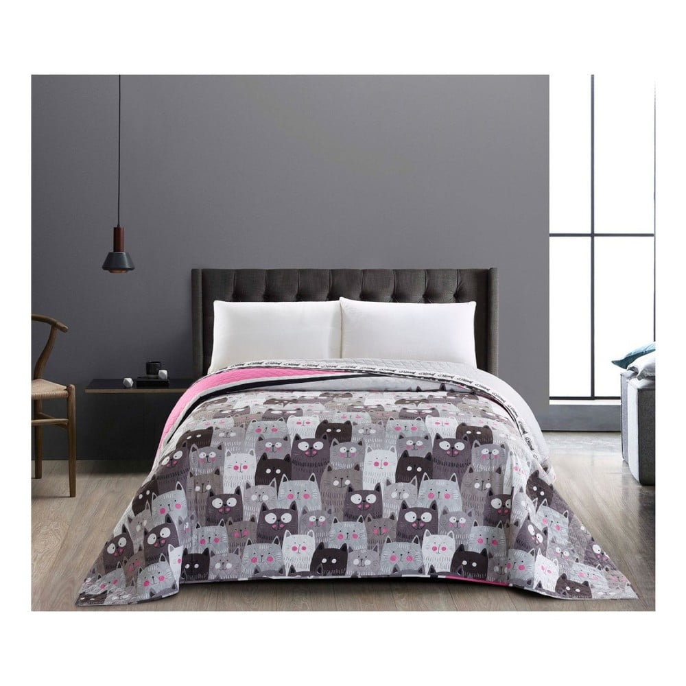Cat Invasion szürke kétoldalú kétszemélyes takaró