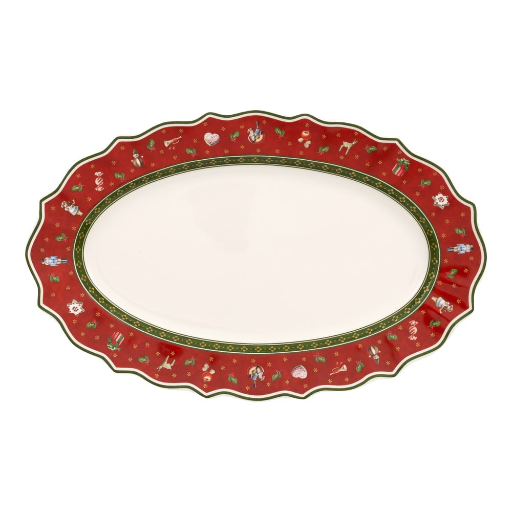 Piros porcelán szervírozó tányér karácsonyi motívummal