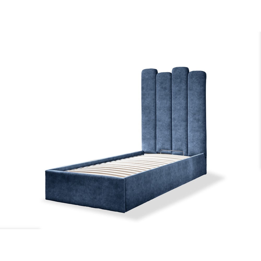 Kék kárpitozott egyszemélyes ágy tárolóhellyel