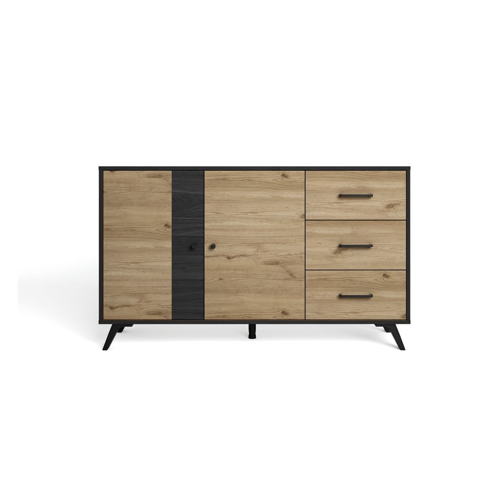 Fekete-natúr színű alacsony komód tölgyfa dekorral 136x81 cm Bocami – Marckeric