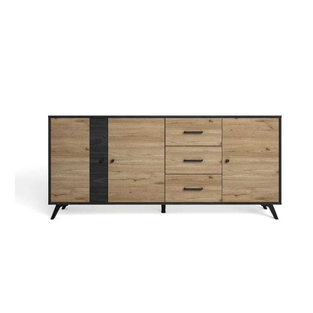 Fekete-natúr színű alacsony komód tölgyfa dekorral 181x81 cm Bocami – Marckeric