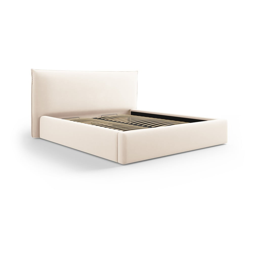 Krémszínű kárpitozott ágyneműtartós franciaágy ágyráccsal 140x200 cm Elio – Milo Casa