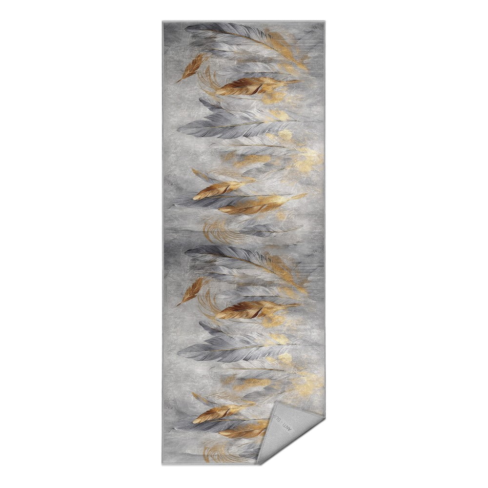 Szürke-aranyszínű mosható futószőnyeg 80x200 cm Golden Feathers – Mila Home