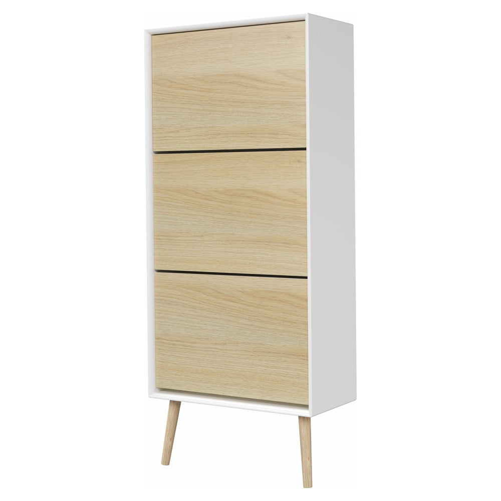 Fehér-natúr színű billenő ajtós cipőtartó tölgyfa dekorral Alba – Tenzo