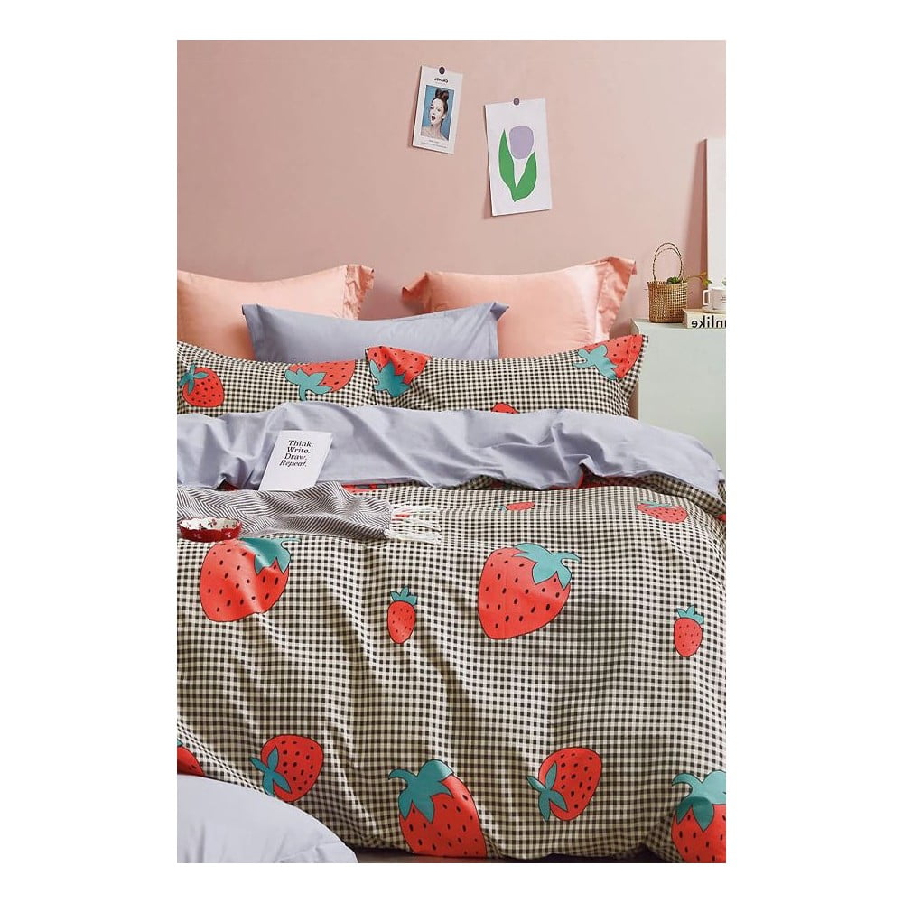Egyszemélyes hosszabbított háromrészes renforcé pamut ágyneműhuzat lepedővel 160x220 cm Strawberry – Mila Home