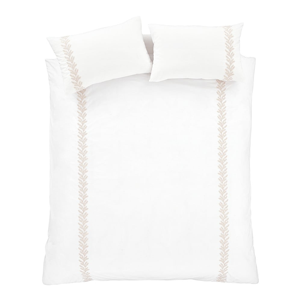 Fehér-bézs kétszemélyes hosszabbított pamut ágyneműhuzat 230x220 cm Embroidery Leaf – Bianca