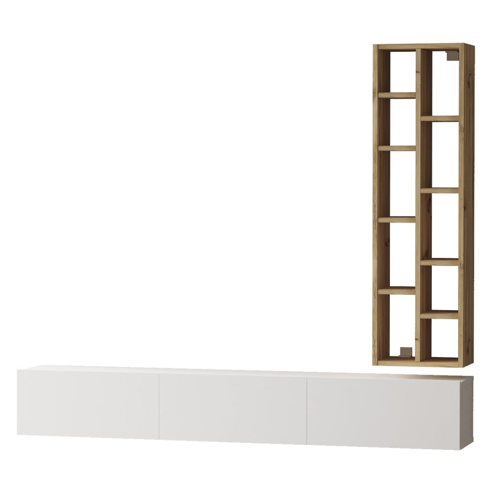 Fehér-natúr színű TV-állvány tölgyfa dekorral 175x25x27 cm – Kalune Design