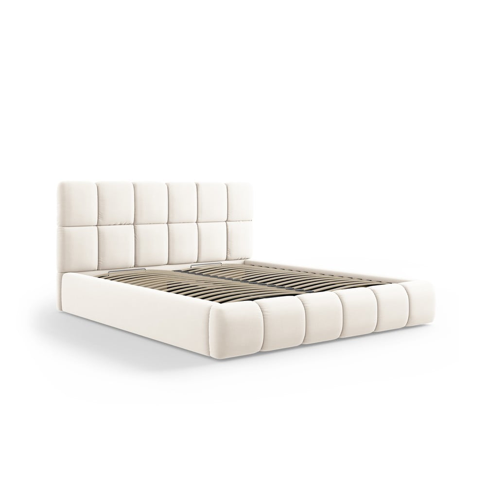 Krémszínű bársony kárpitozott ágyneműtartós franciaágy ágyráccsal 140x200 cm Bellis – Micadoni