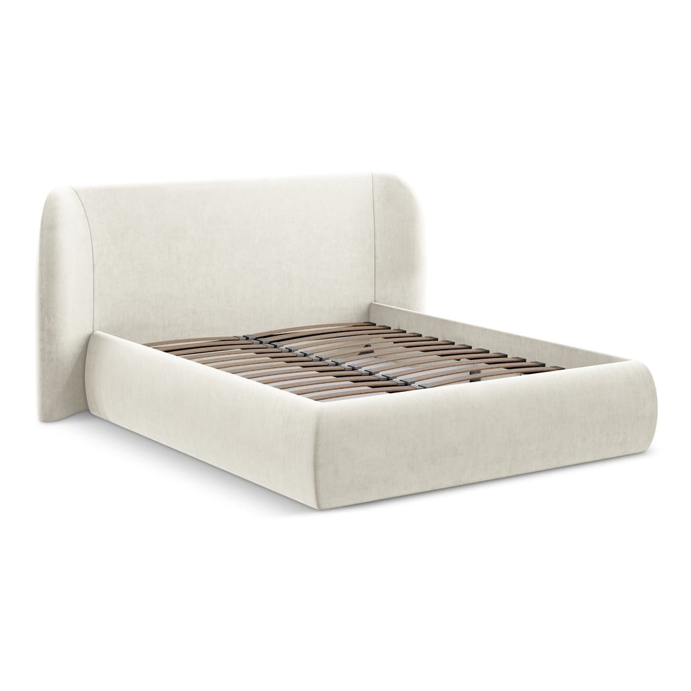 Krémszínű kárpitozott ágyneműtartós franciaágy ágyráccsal 160x200 cm Hauke – Makamii