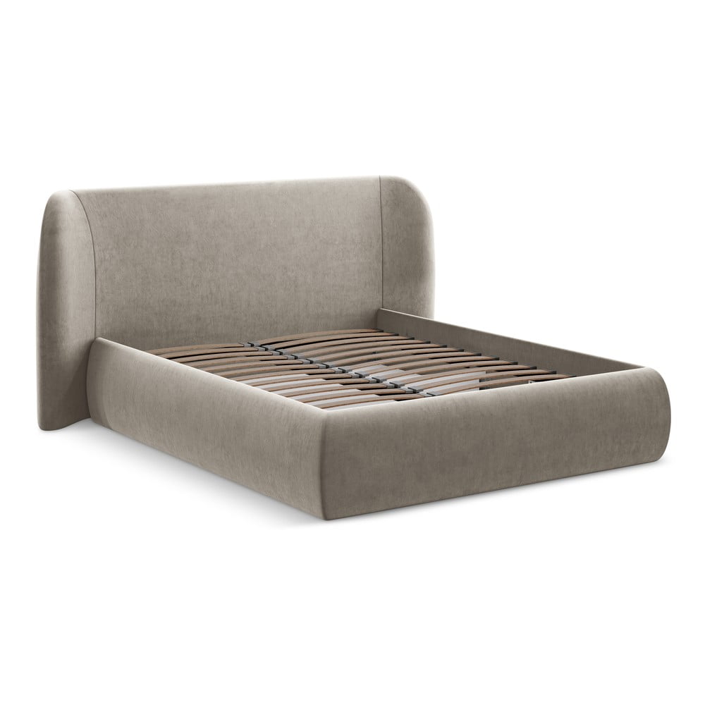 Szürkésbarna kárpitozott ágyneműtartós franciaágy ágyráccsal 180x200 cm Hauke – Makamii