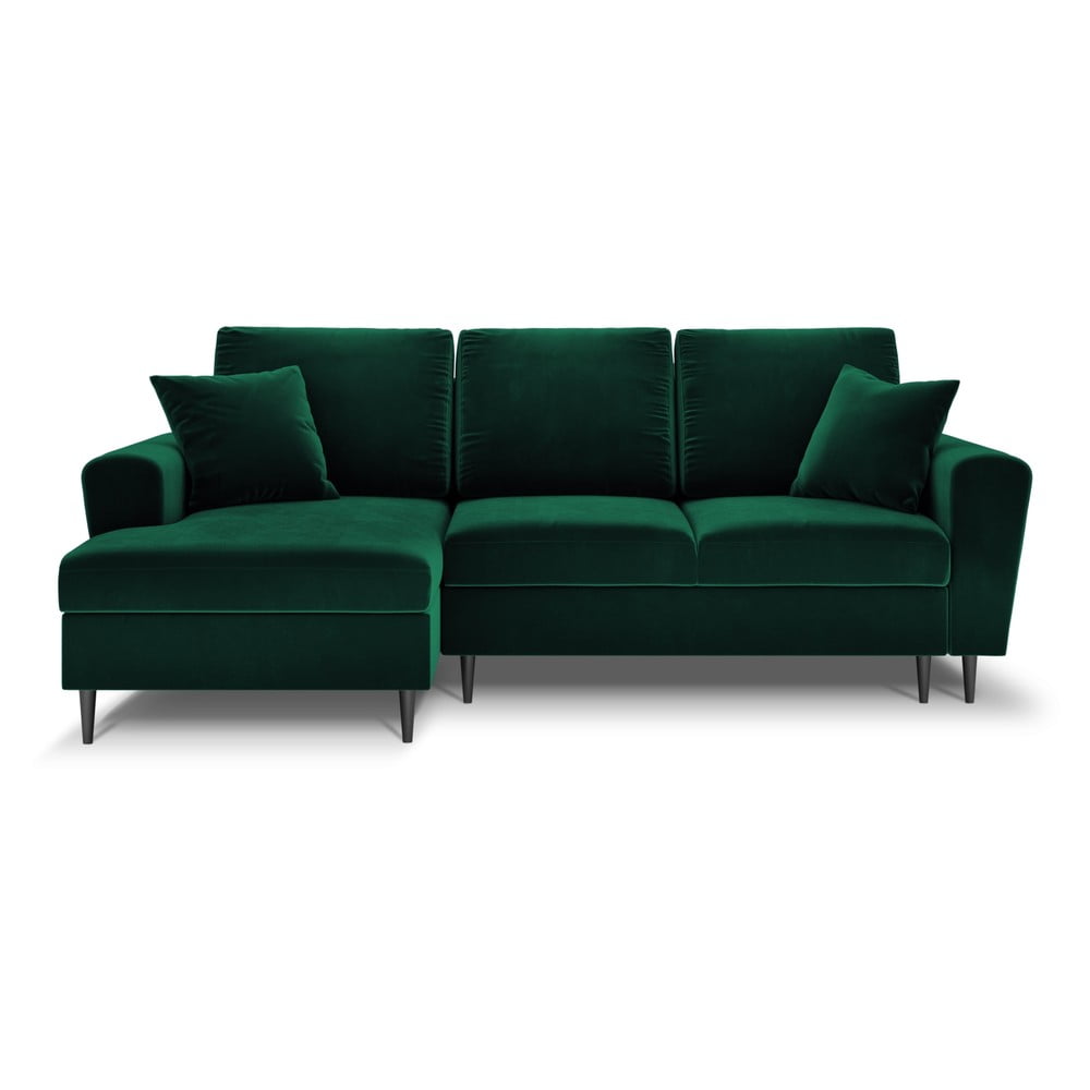 Zöld bársony kinyitható tárolóhelyes sarokkanapé (bal oldali-heverő résszel) Kyoto – Cosmopolitan Design