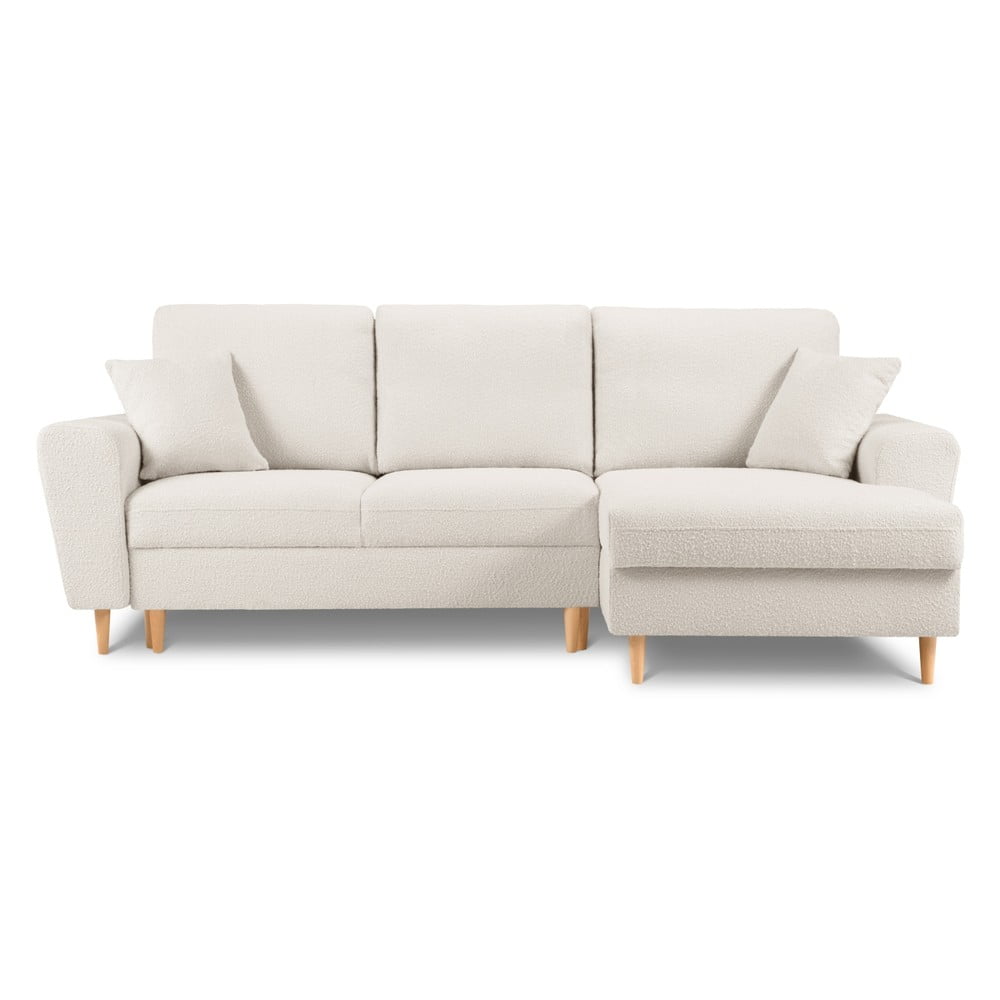 Bézs buklé kinyitható tárolóhelyes sarokkanapé (jobb oldali-heverő résszel) Kyoto – Cosmopolitan Design