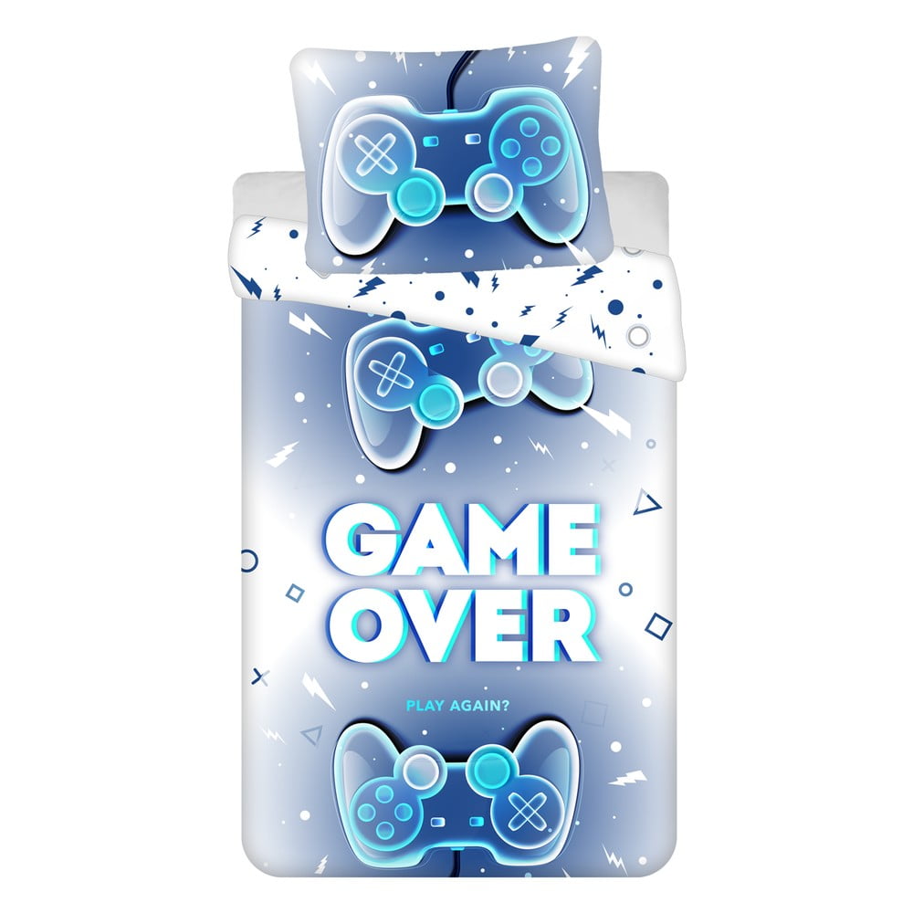 Fehér-kék egyszemélyes pamut gyerek ágyneműhuzat 140x200 cm Game over  – Jerry Fabrics