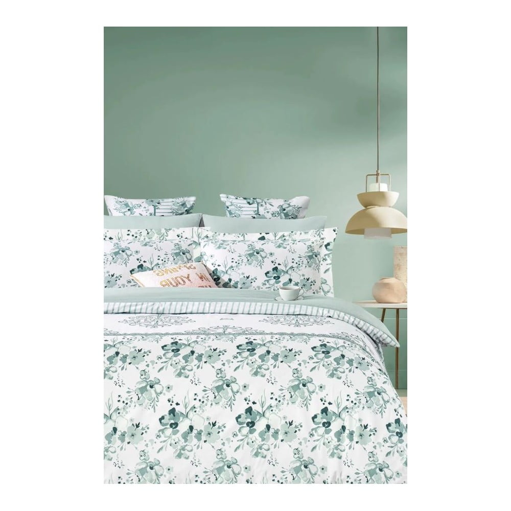 Fehér-zöld kétszemélyes hosszabbított négyrészes  renforcé pamut ágyneműhuzat lepedővel 200x220 cm – Mila Home