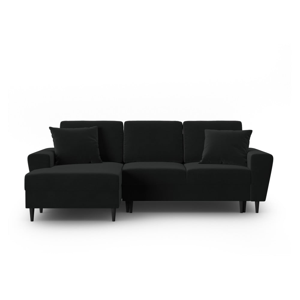 Fekete bársony kinyitható tárolóhelyes sarokkanapé (bal oldali-heverő résszel) Kyoto – Cosmopolitan Design