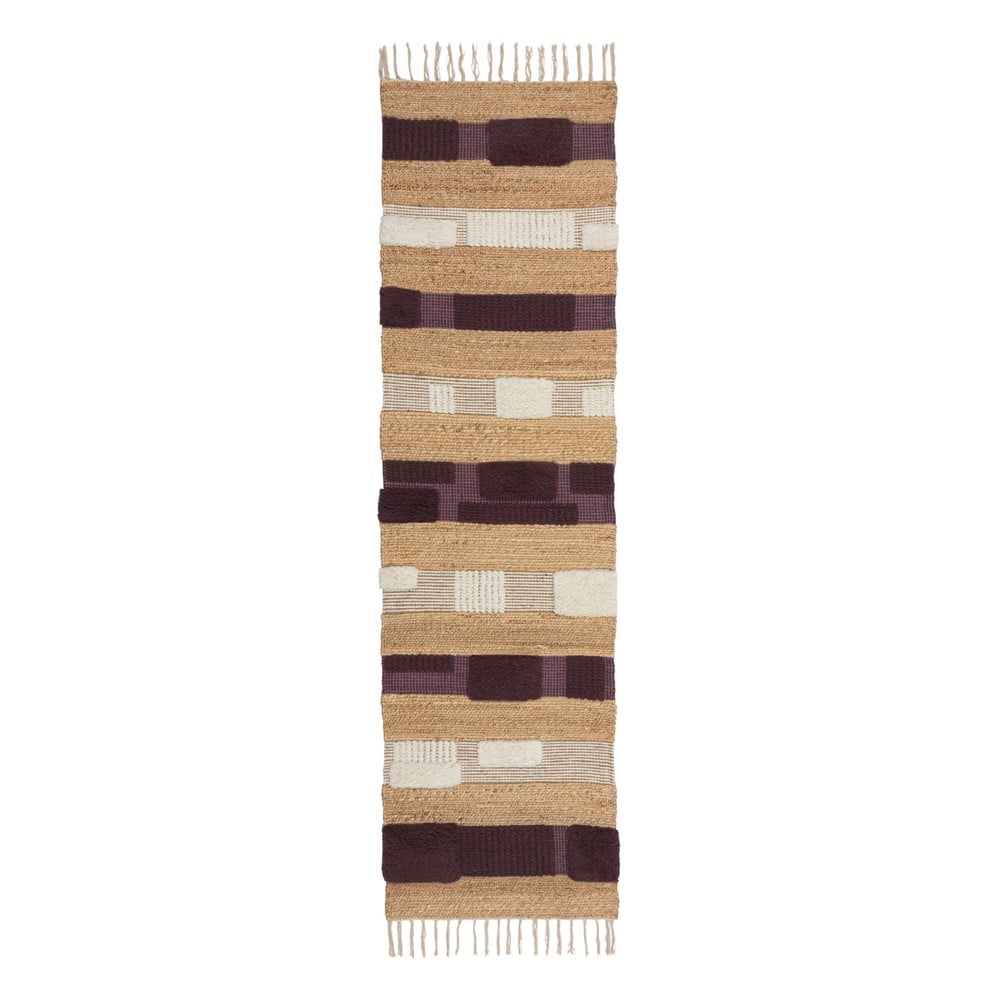 Lila-natúr színű kézi szövésű jutakeverék futószőnyeg 60x230 cm Medina Blocks – Flair Rugs