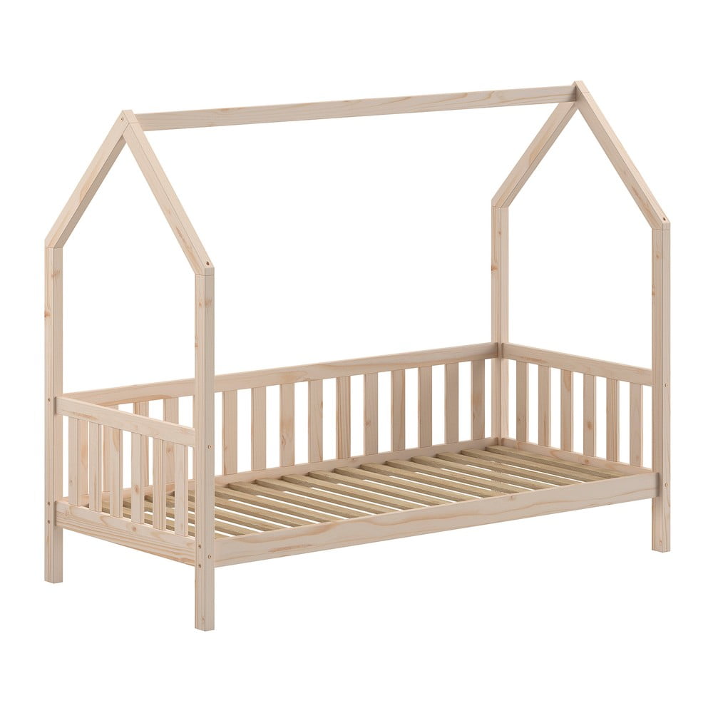 Natúr színű házikó alakú borovi fenyő gyerekágy ágyráccsal 90x200 cm Cabane – Vipack