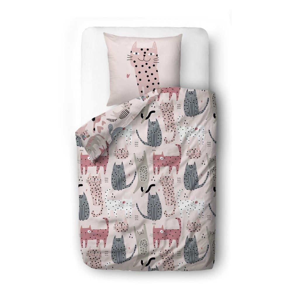 Rózsaszín egyszemélyes pamut-szatén gyerek ágyneműhuzat 135x200 cm Meow Meow – Butter Kings