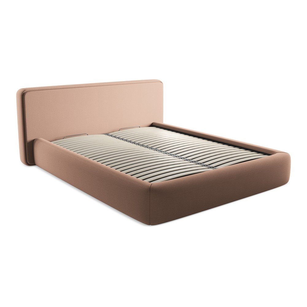 Világos rózsaszín kárpitozott ágyneműtartós franciaágy ágyráccsal 160x200 cm Kiana – Makamii