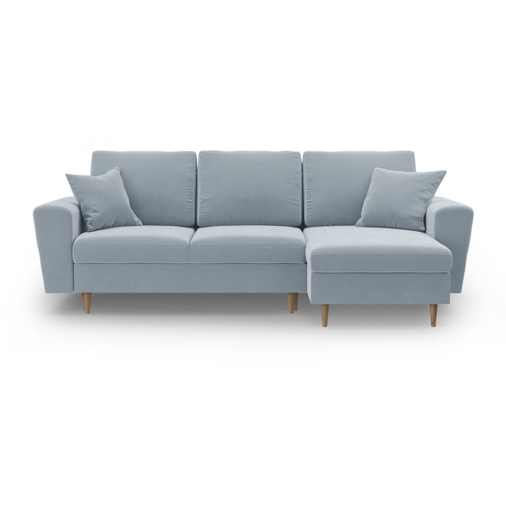 Világoskék bársony kinyitható tárolóhelyes sarokkanapé Kyoto – Cosmopolitan Design
