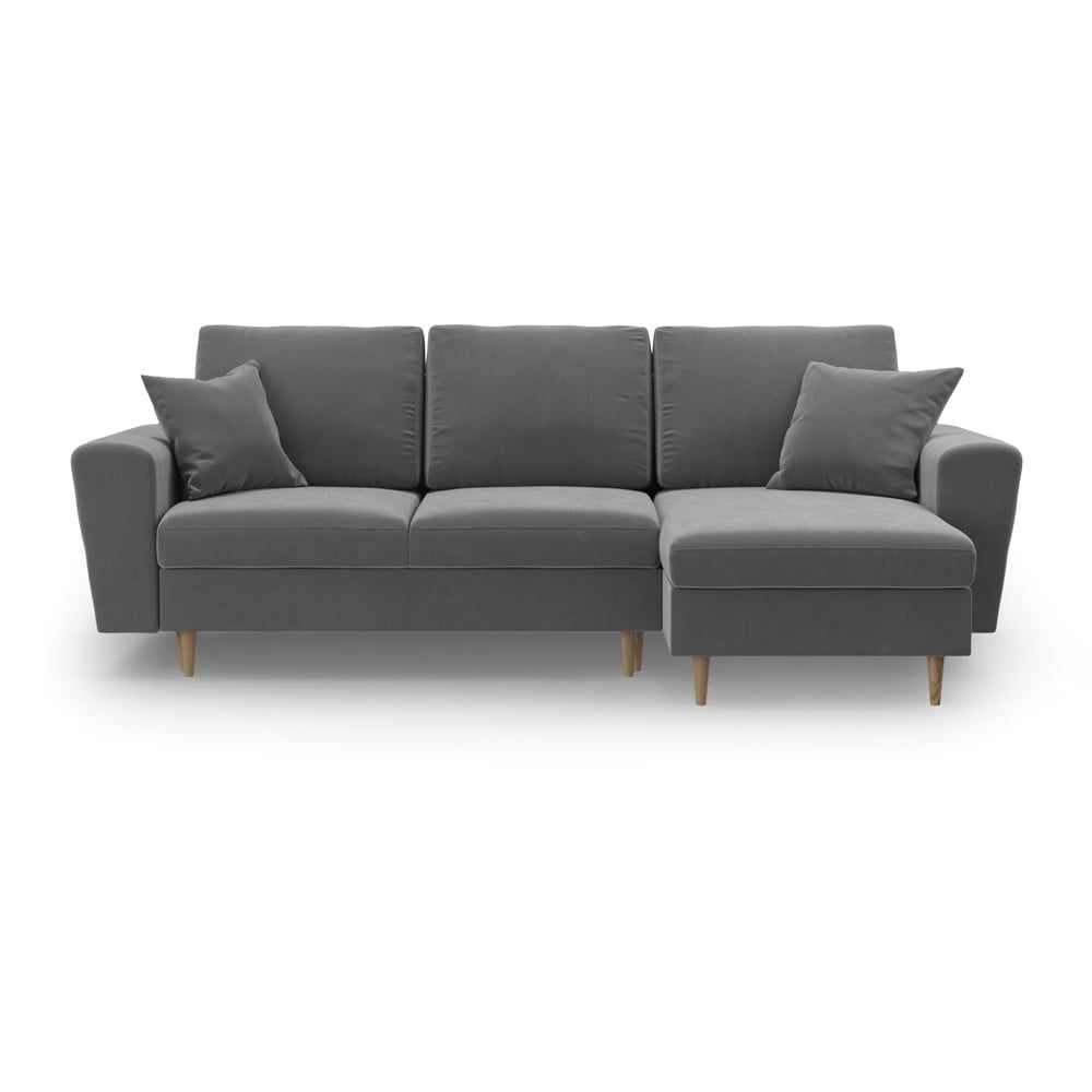 Világosszürke bársony kinyitható tárolóhelyes sarokkanapé Kyoto – Cosmopolitan Design