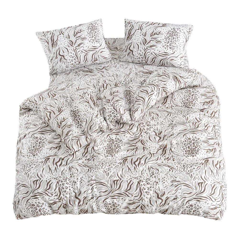 Fehér-barna négyrészes  kétszemélyes hosszabbított ágyneműhuzat lepedővel 200x220 cm Floral – Mila Home
