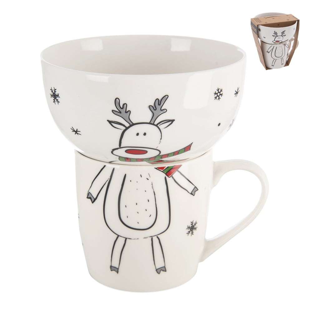 Fehér porcelán bögre és tálka szett karácsonyi mintával 2 db-os 350 ml – Orion