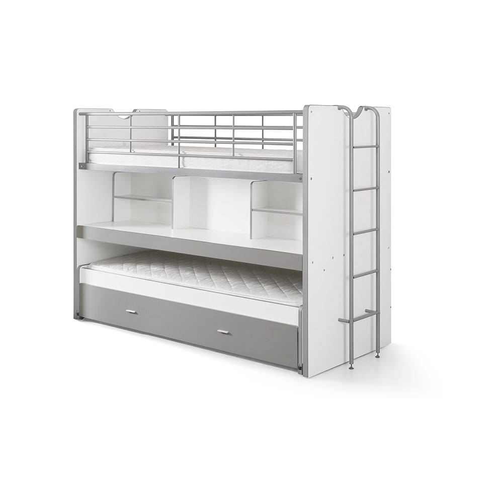 Fehér-szürke emeletes ágyneműtartós gyerekágy kihúzható pótággyal