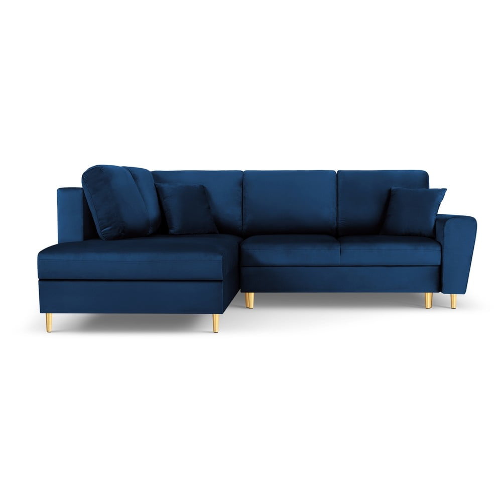 Kék bársony kinyitható tárolóhelyes sarokkanapé (bal oldali-L alakú) Kyoto – Cosmopolitan Design