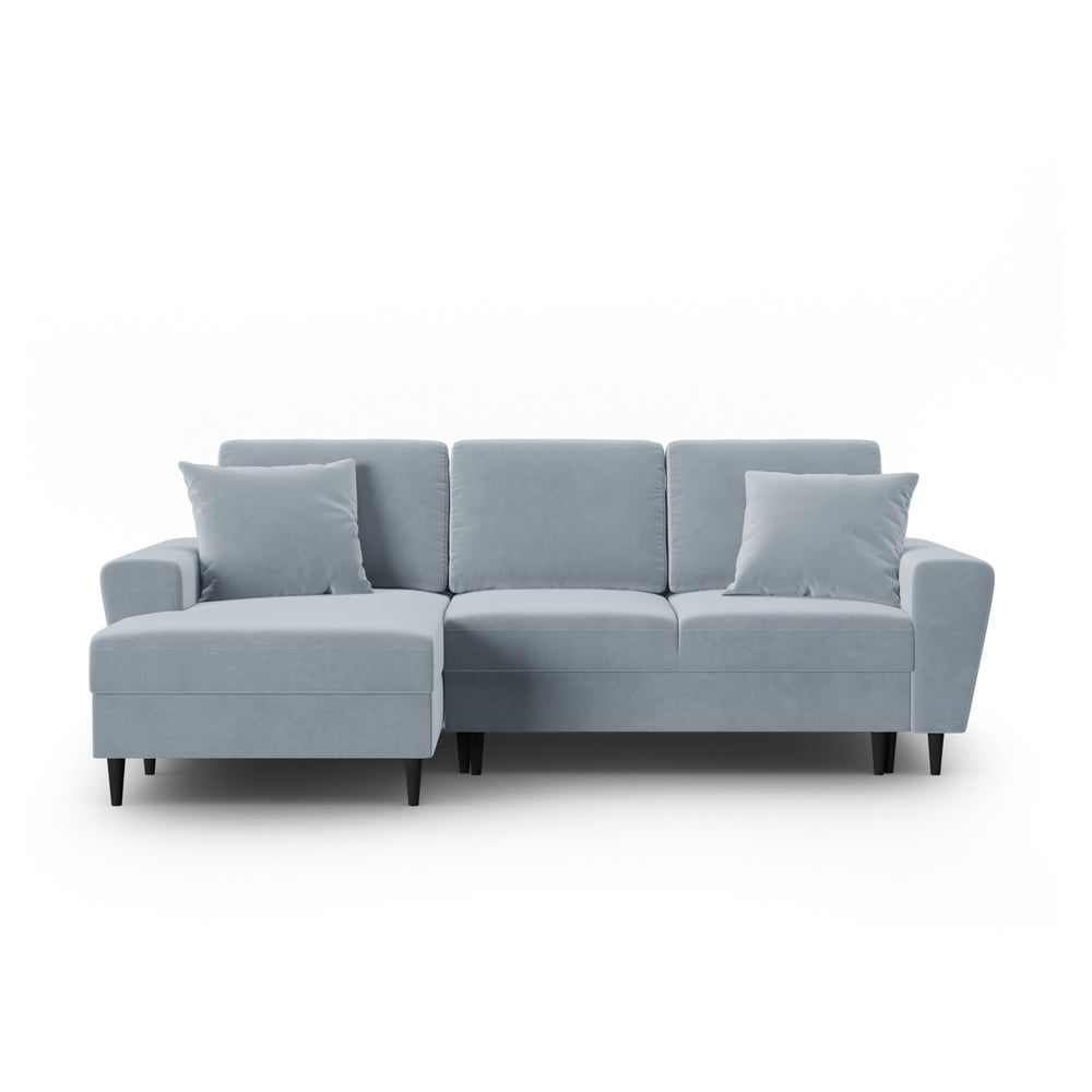 Világoskék bársony kinyitható tárolóhelyes sarokkanapé (bal oldali-heverő résszel) Kyoto – Cosmopolitan Design