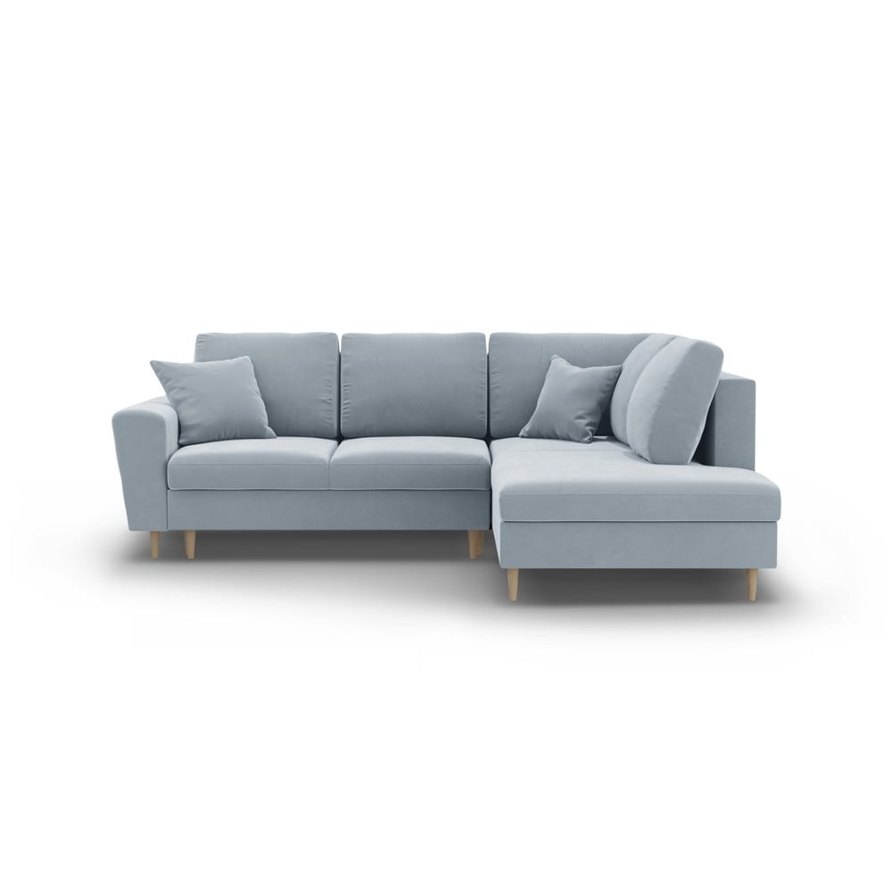 Világoskék bársony kinyitható tárolóhelyes sarokkanapé (jobb oldali-L alakú) Kyoto – Cosmopolitan Design