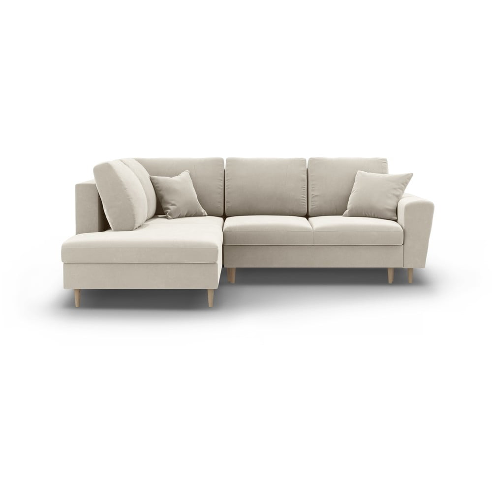 Bézs bársony kinyitható tárolóhelyes sarokkanapé (bal oldali-L alakú) Kyoto – Cosmopolitan Design