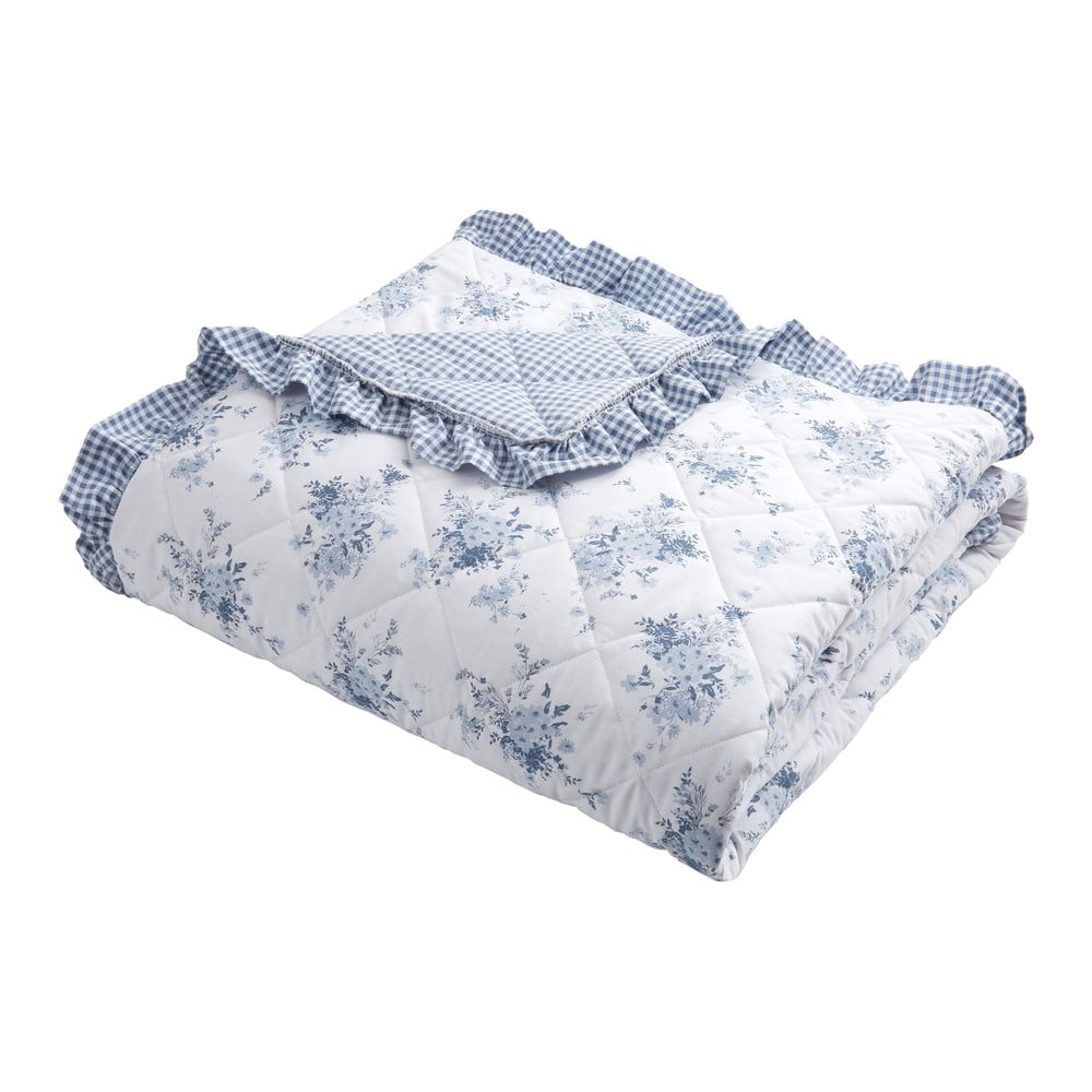 Fehér-kék steppelt ágytakaró 220x230 cm Lucie Floral Frill – Catherine Lansfield