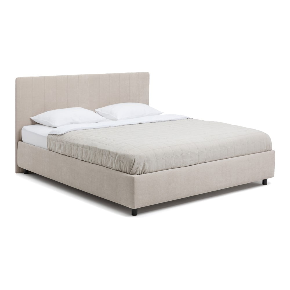 Bézs kárpitozott ágyneműtartós franciaágy matraccal