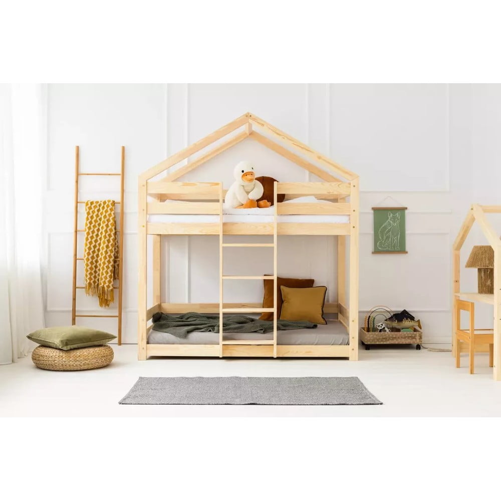 Natúr színű házikó alakú-emeletes gyerekágy ágyráccsal 80x200 cm DMPN – Adeko