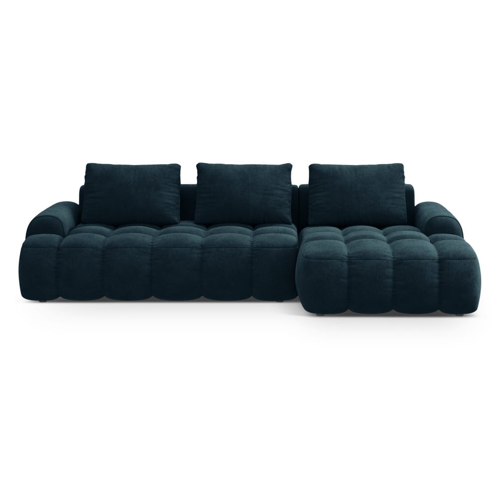 Petróleum színű bársony kinyitható-tárolóhelyes sarokkanapé (jobb oldali-heverő résszel) Linz – Cosmopolitan Design