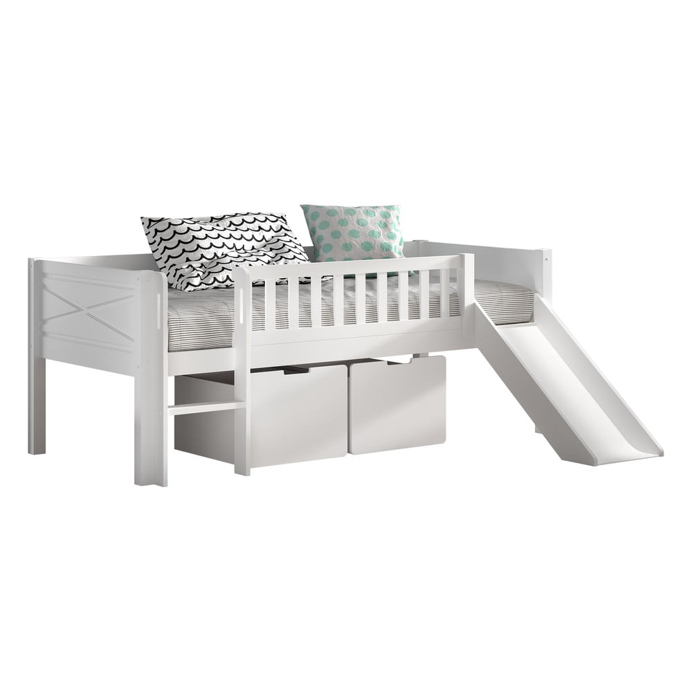 Fehér borovi fenyő ágyneműtartós galéria gyerekágy ágyráccsal 90x200 cm Scott – Vipack