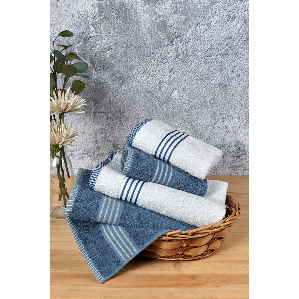 Fehér-kék pamut törölköző és fürdőlepedő készlet 4 db-os – Mila Home