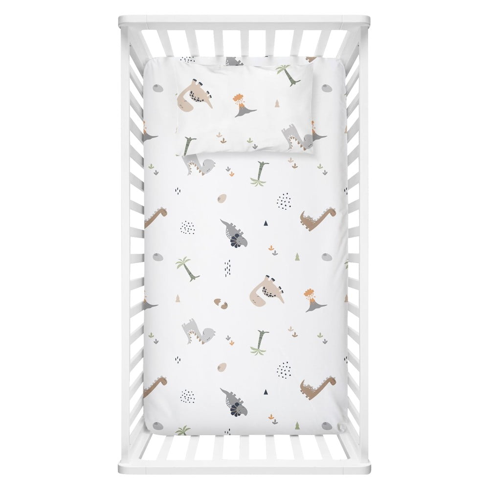 Fehér renforcé pamut gyerek lepedő babaágyhoz 100x150 cm Dinozor – Mijolnir