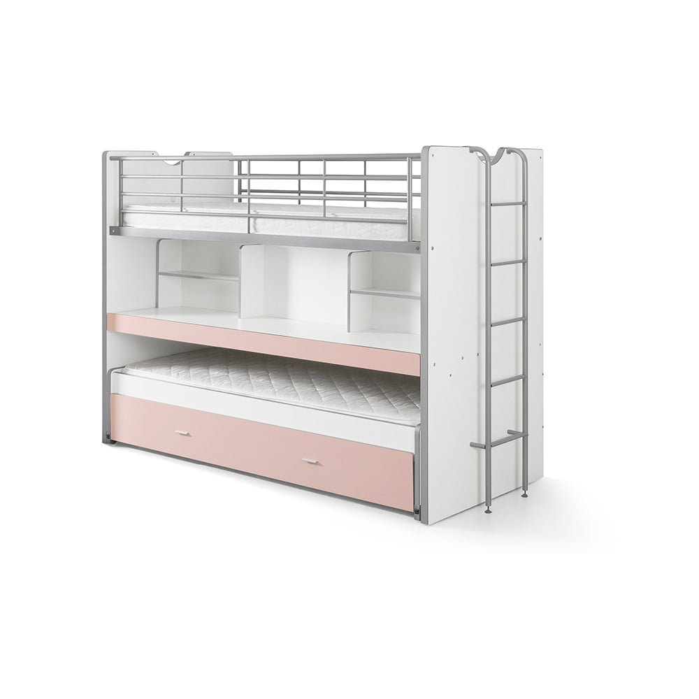 Fehér-rózsaszín emeletes ágyneműtartós gyerekágy kihúzható pótággyal