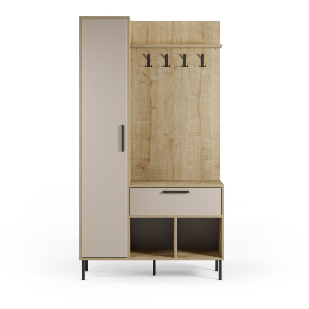 Krémszínű-natúr színű előszoba bútor tölgyfa dekorral 108x195x35 cm Heidy – Marckeric