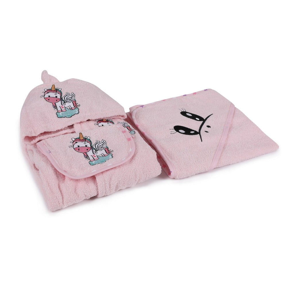 Rózsaszín pamut gyerek fürdőköpeny és fürdőlepedő szett 3 db-os 0-2 év Unicorn – Foutastic