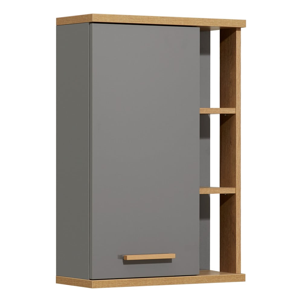 Szürke fali fürdőszoba szekrény tölgyfa dekorral 50