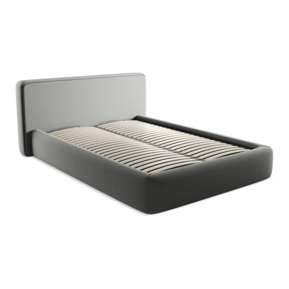 Szürke kárpitozott ágyneműtartós franciaágy ágyráccsal 140x200 cm Kiana – Makamii