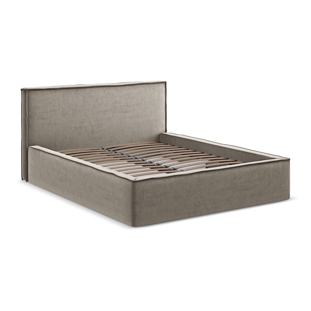 Szürkésbarna kárpitozott ágyneműtartós franciaágy ágyráccsal 140x200 cm Anani – Makamii