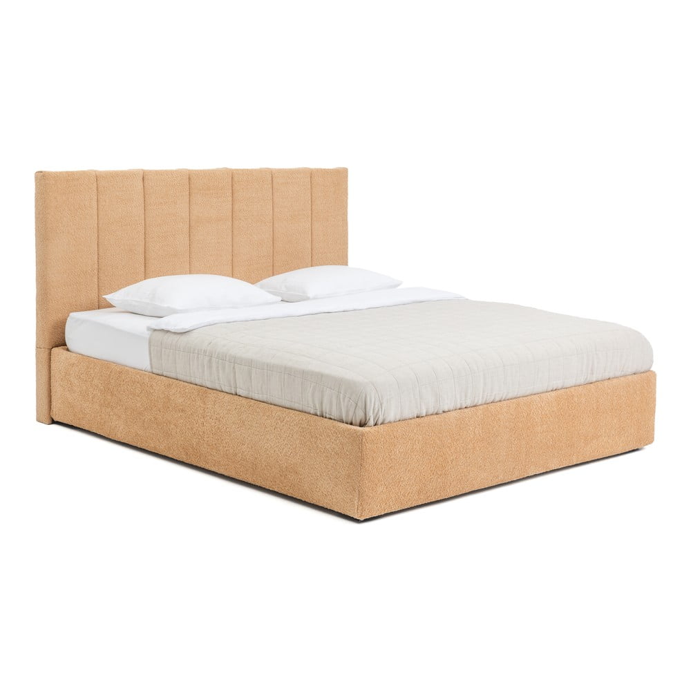 Mustársárga kárpitozott ágyneműtartós franciaágy ágyráccsal 160x200 cm Thessa Bold Line – Bonami Selection