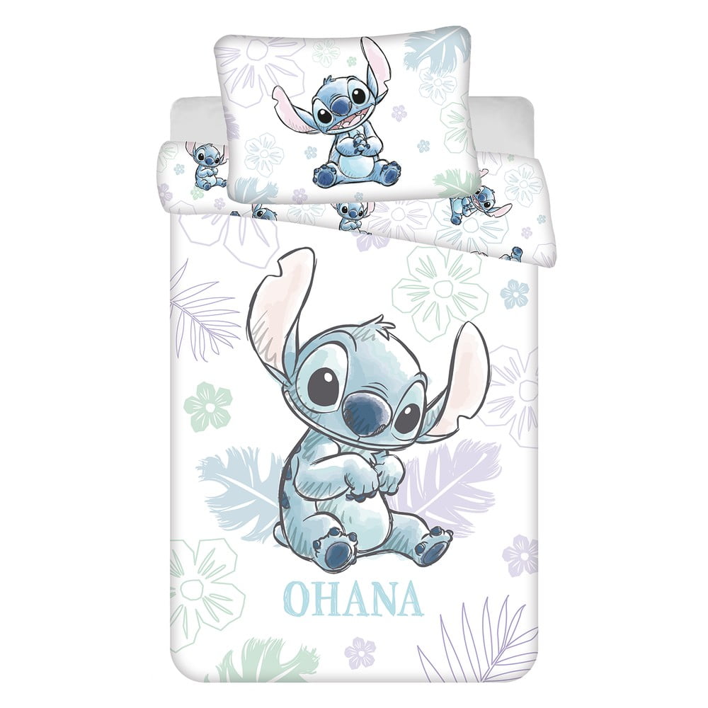 Fehér pamut gyerek ágyneműhuzat babaágyhoz 100x135 cm Lilo and Stitch "Ohana White" – Jerry Fabrics